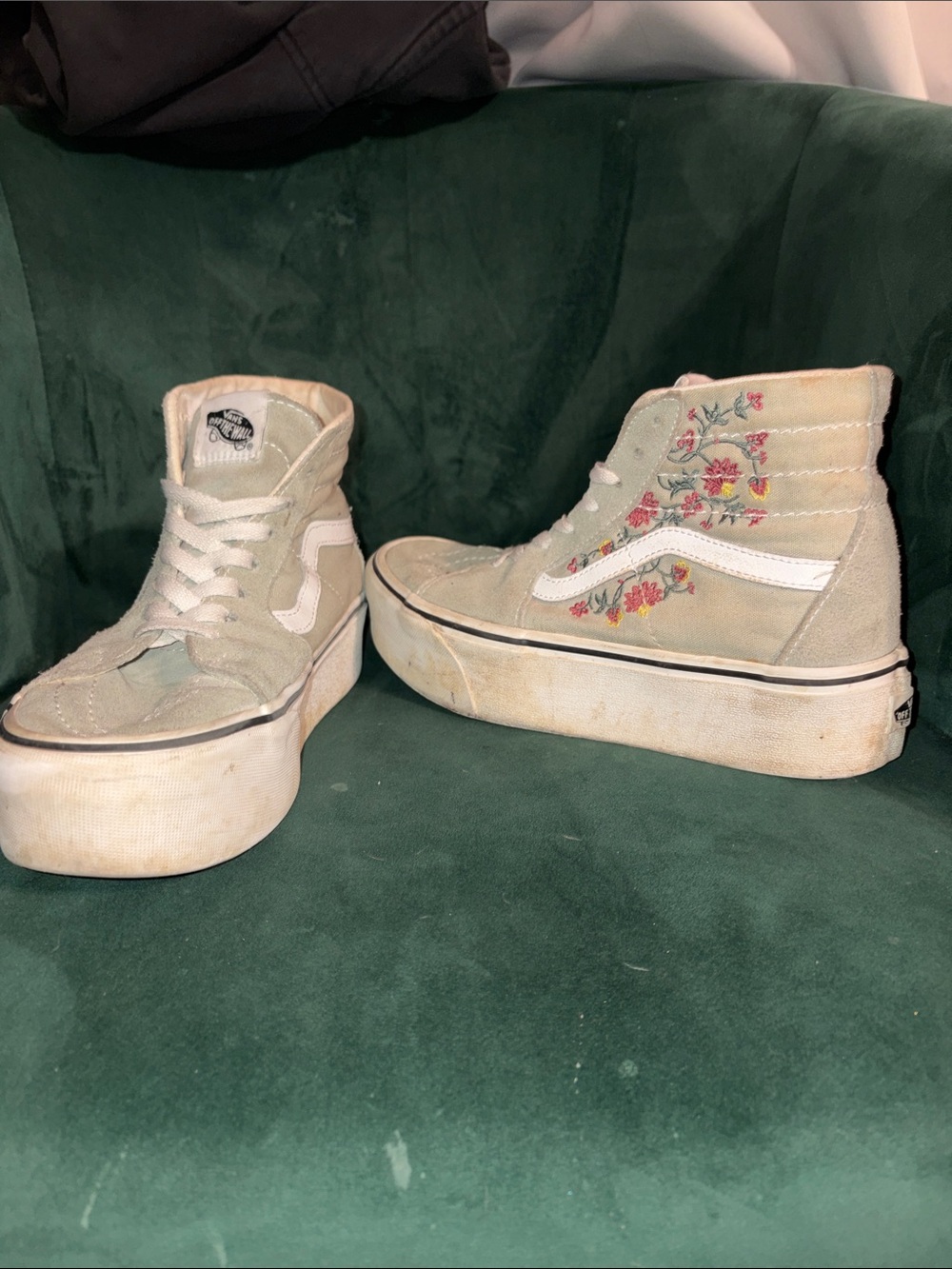 Vans Women's High-Top Platform Sneakers in Cream with Pink Floral Embroidery